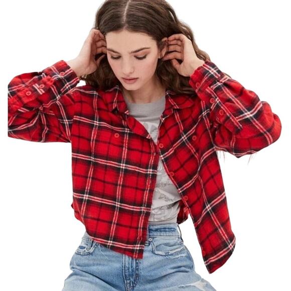 American Eagle Crop Flannel Button Down Red Plaid Top Size L - Picture 1 of 8